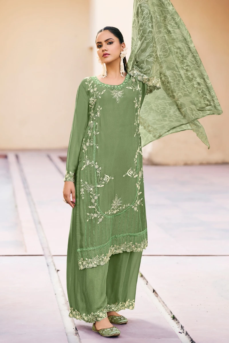 Green Chinon Embroidered Palazzo Suit with Dupatta
