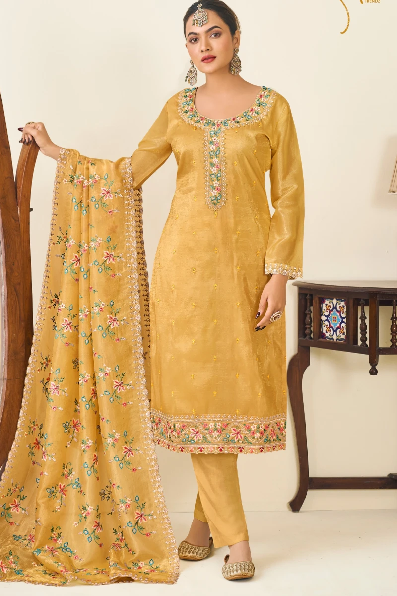 Yellow Crush Silk Embroidered Salwar Suit with Premium Dupatta