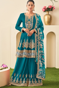 Teal Chinon Embroidered Palazzo Suit with Digital Print Dupatta