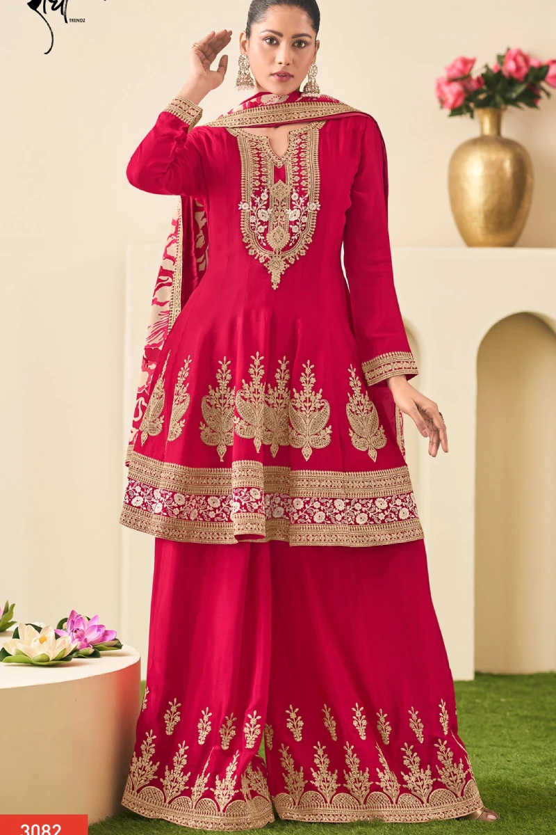 Red Chinon Embroidered Palazzo Suit with Digital Print Dupatta