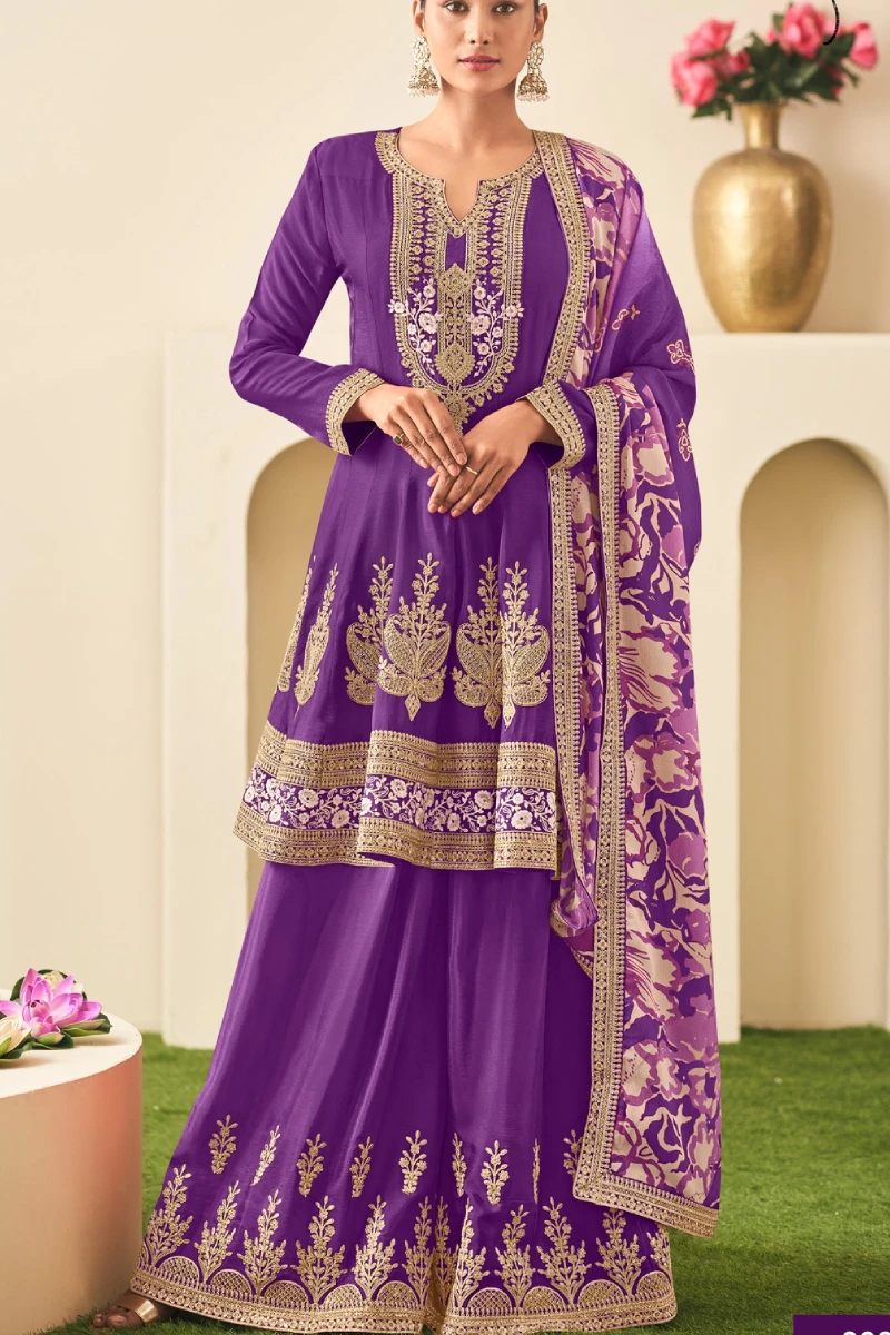 Purple Chinon Embroidered Palazzo Suit with Digital Print Dupatta