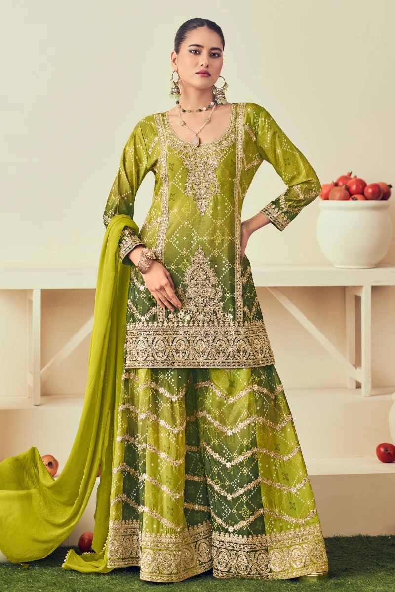 Green Bandhej Print Chinon Embroidered Palazzo Suit with Dupatta