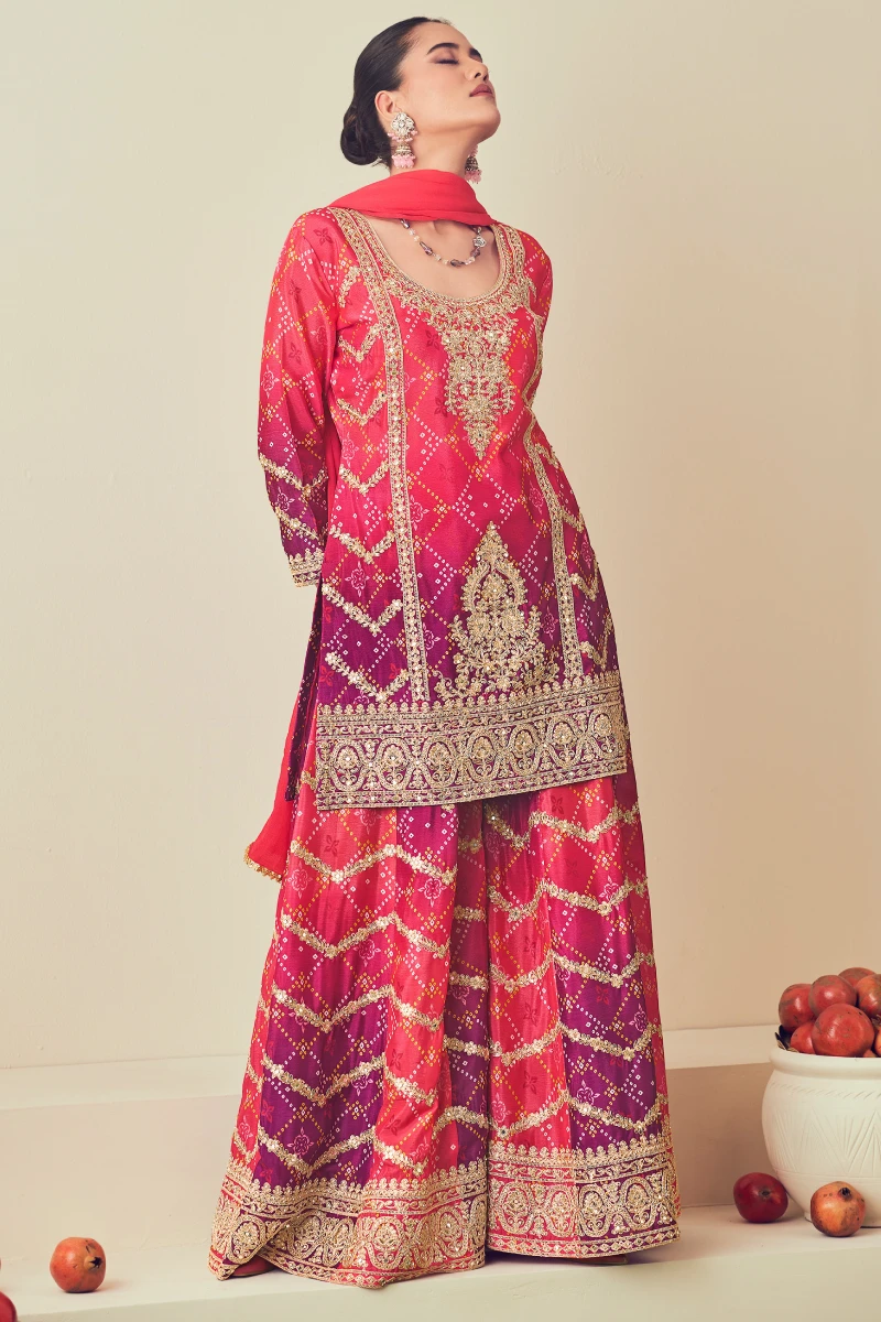 Red Bandhej Print Chinon Embroidered Palazzo Suit with Dupatta