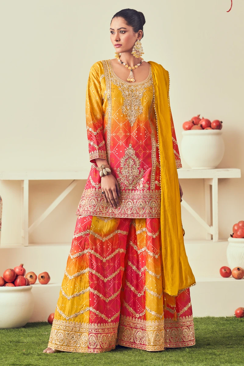 Yellow & Red Bandhej Print Chinon Embroidered Palazzo Suit with Dupatta