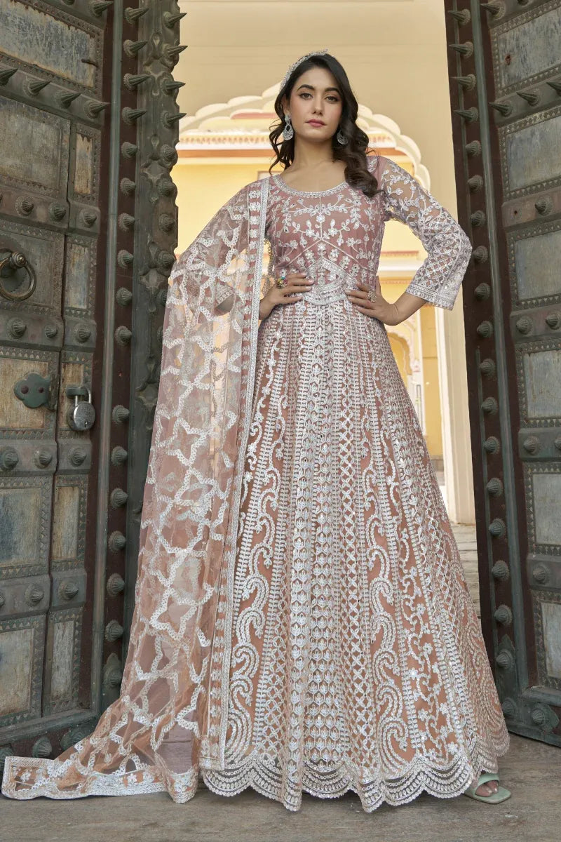 Orange Butterfly Net Embroidered Gown with Dupatta