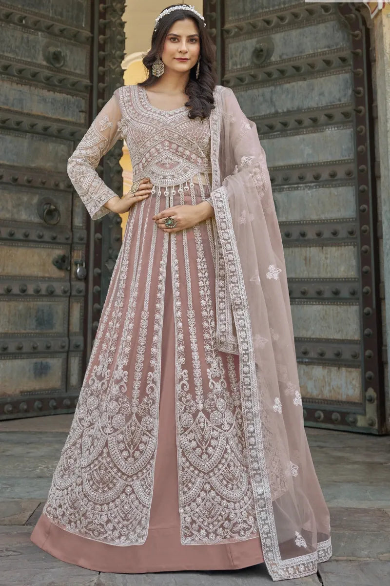 Coral Heavy Embroidered Net Long Jacket Style Top & Skirt with Dupatta
