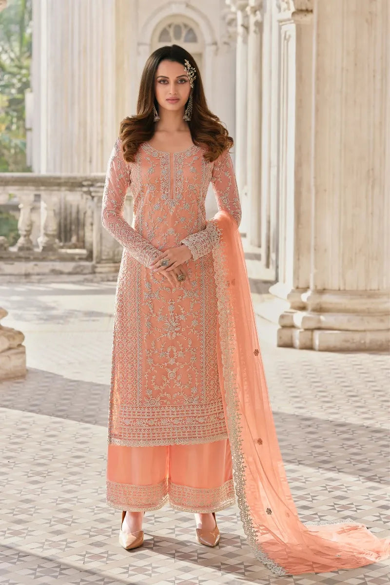 Peach Palazzo Suit in Net with Embroidered Sequins