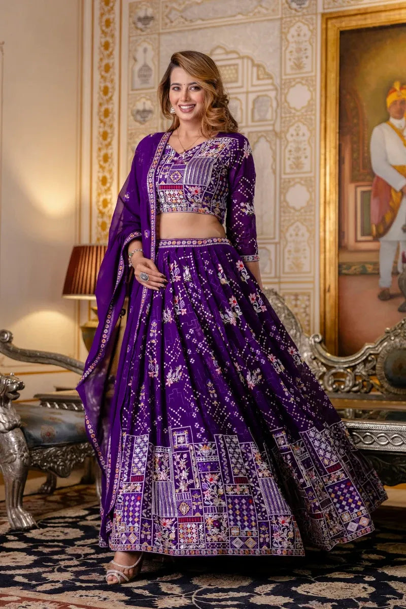 Purple Blooming Georgette Embroidered Lehenga Choli with Dupatta