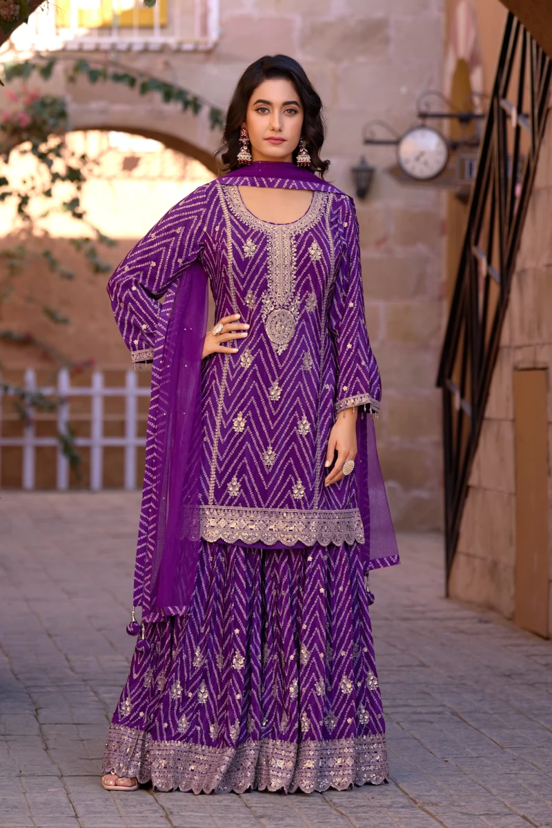 Purple Chinnon Sharara Set with Organza Dupatta