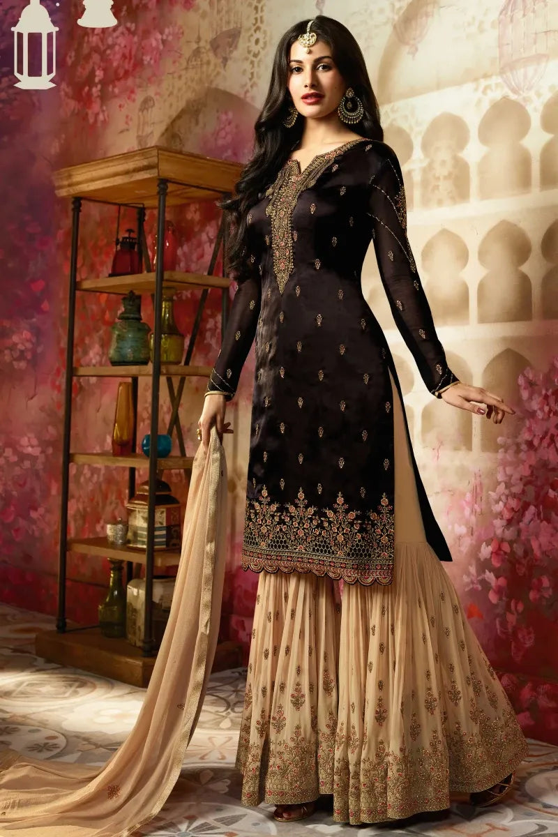 Black and Beige Sharara Suit in Satin Georgette with Embroidery, Zari, and Diamonds