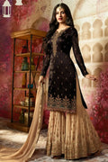 Black and Beige Sharara Suit in Satin Georgette with Embroidery, Zari, and Diamonds