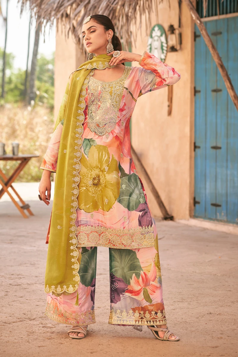 Multicolor Floral Print Chinon Embroidered Suit with Olive Dupatta