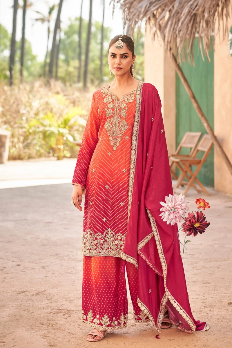 Red Bandhej Print Chinon Embroidered Suit with Organza Dupatta