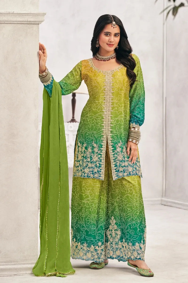 Green Bandhej Chinon Embroidered Palazzo Suit with Fancy Dupatta