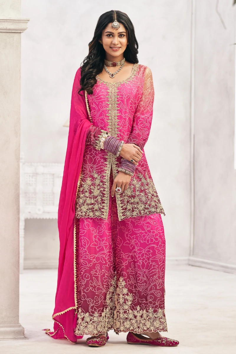 Pink Bandhej Chinon Embroidered Palazzo Suit with Fancy Dupatta