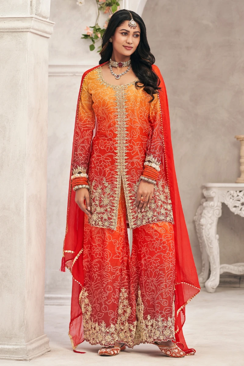 Orange Bandhej Chinon Embroidered Palazzo Suit with Fancy Dupatta