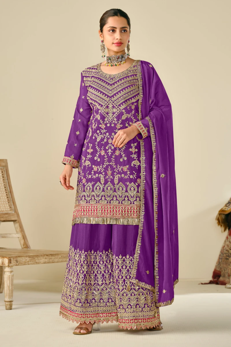 Purple Chinon Embroidered Kali Palazzo Suit with Heavy Dupatta