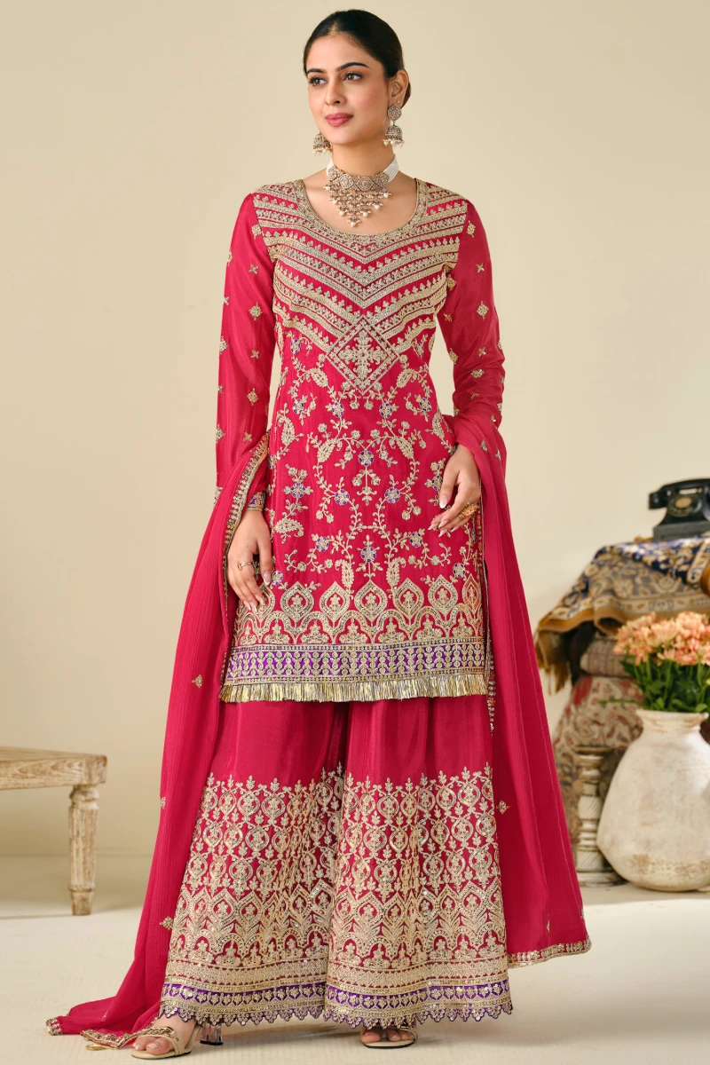 Red Chinon Embroidered Kali Palazzo Suit with Heavy Dupatta