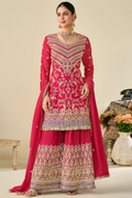 Red Chinon Embroidered Kali Palazzo Suit with Heavy Dupatta