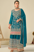 Teal Chinon Embroidered Kali Palazzo Suit with Heavy Dupatta