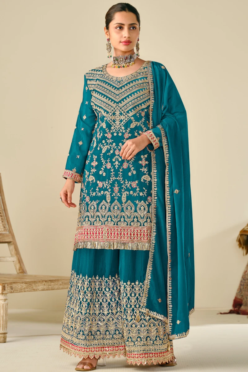 Teal Chinon Embroidered Kali Palazzo Suit with Heavy Dupatta