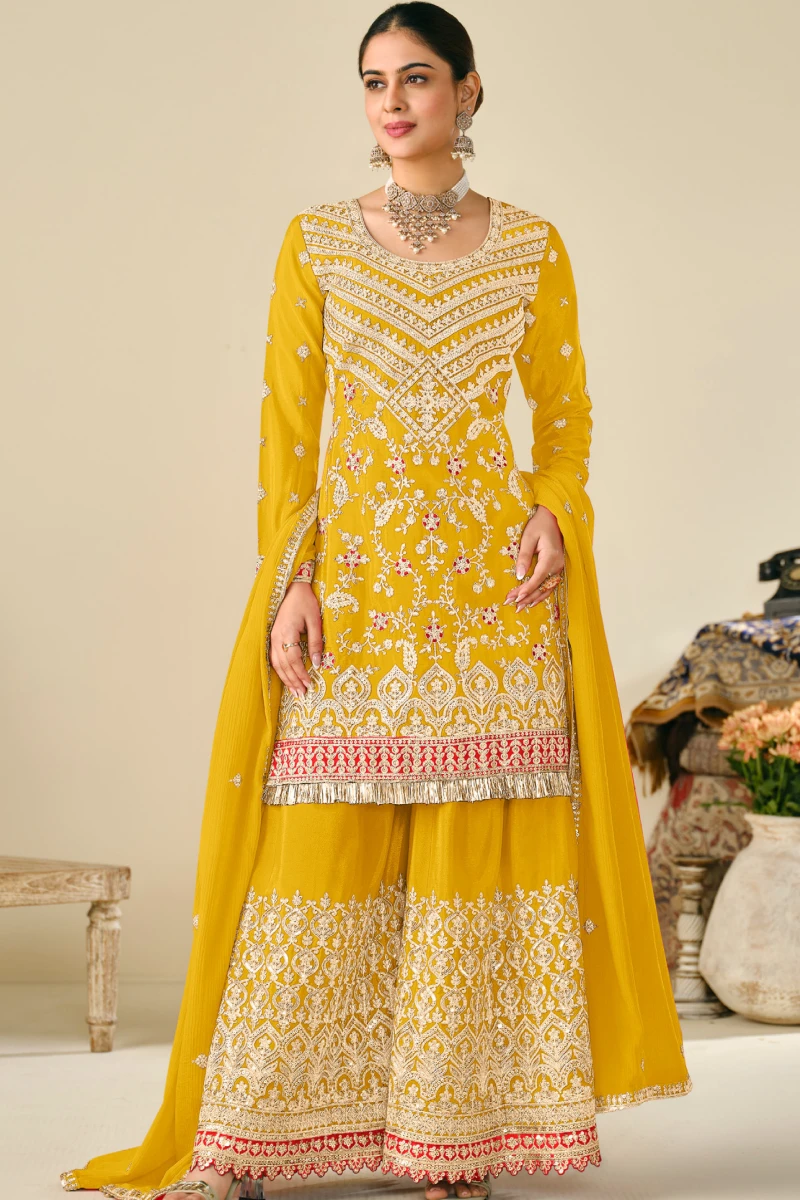 Yellow Chinon Embroidered Kali Palazzo Suit with Heavy Dupatta