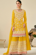Yellow Chinon Embroidered Kali Palazzo Suit with Heavy Dupatta