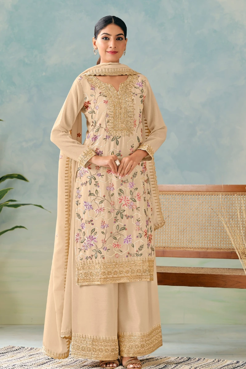 Beige Chinnon Embroidered Palazzo Suit