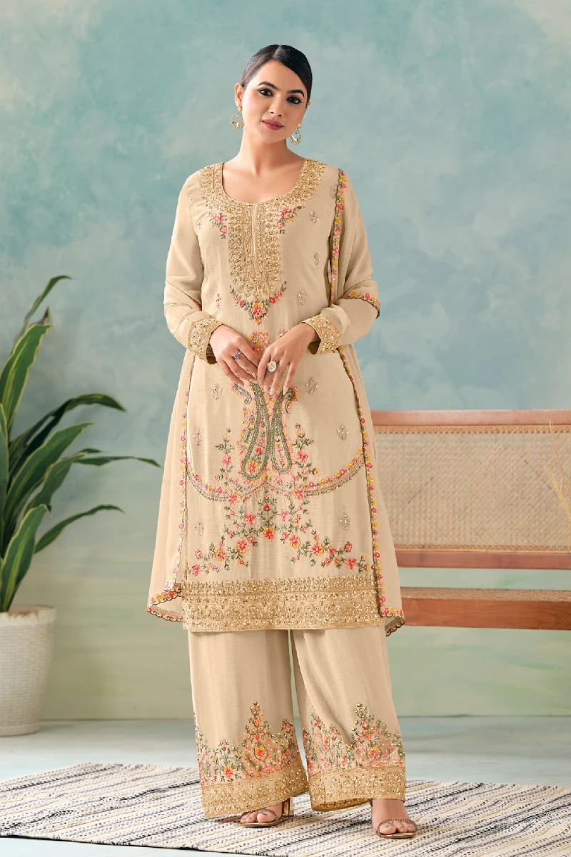Beige Chinnon Embroidered Palazzo Suit