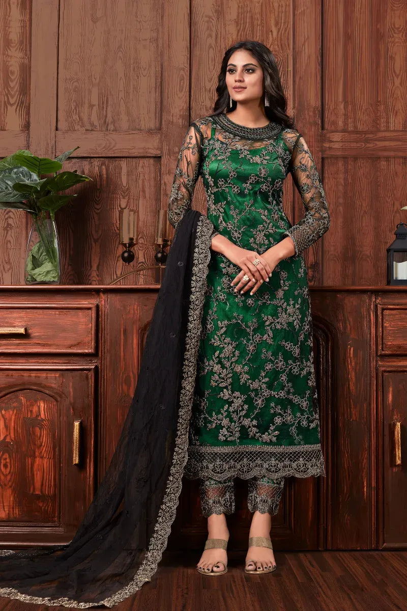 Green Net Straight Pant Suit