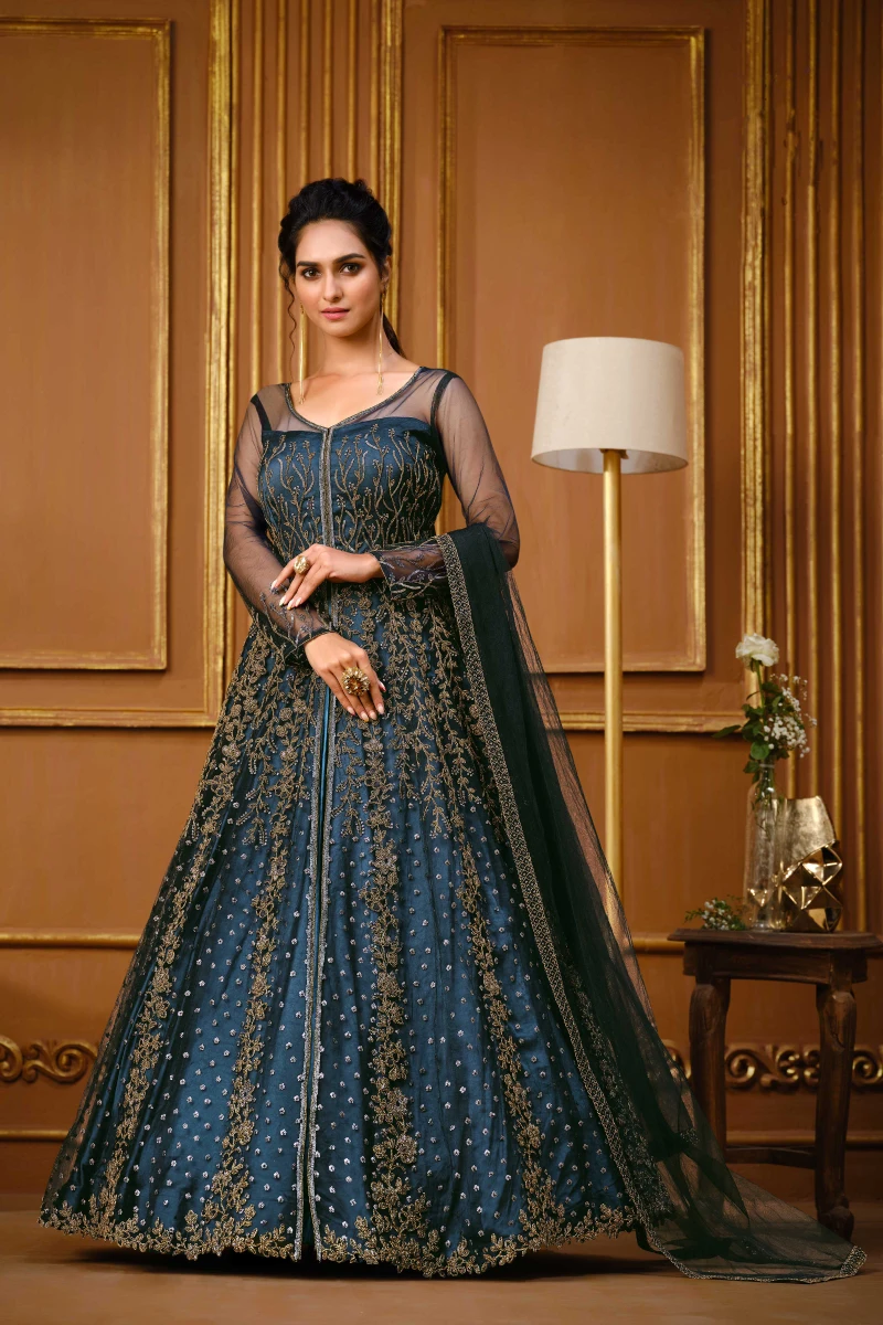 Blue Net Anarkali Suit with Pant