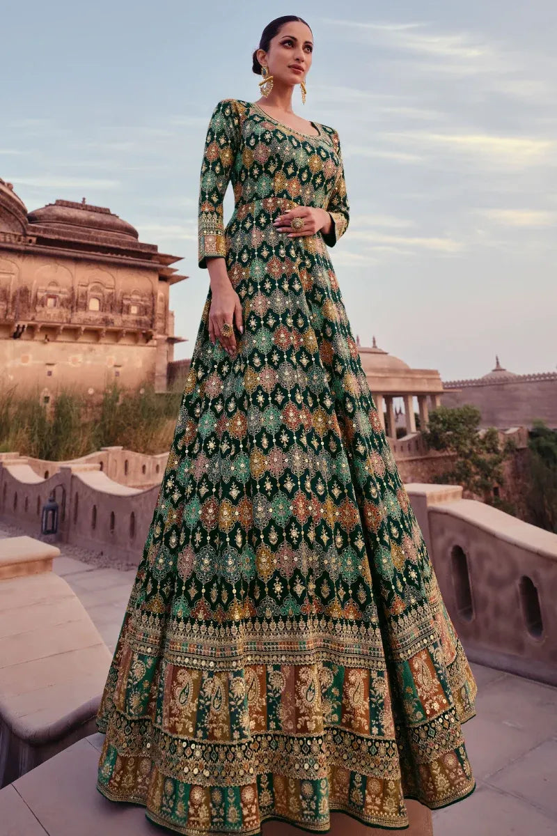 Green Georgette Embroidered Gown
