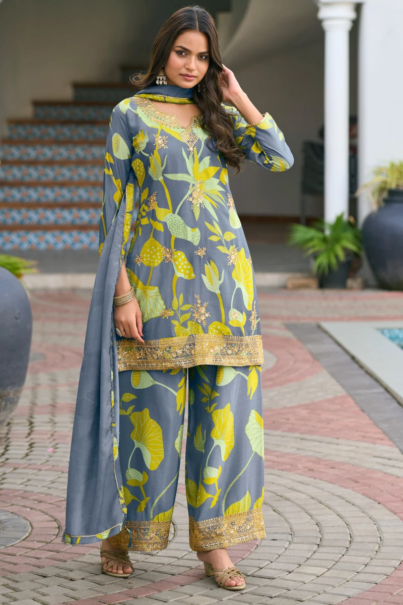 Ash Grey Chinon Palazzo Suit with Heavy Embroidery