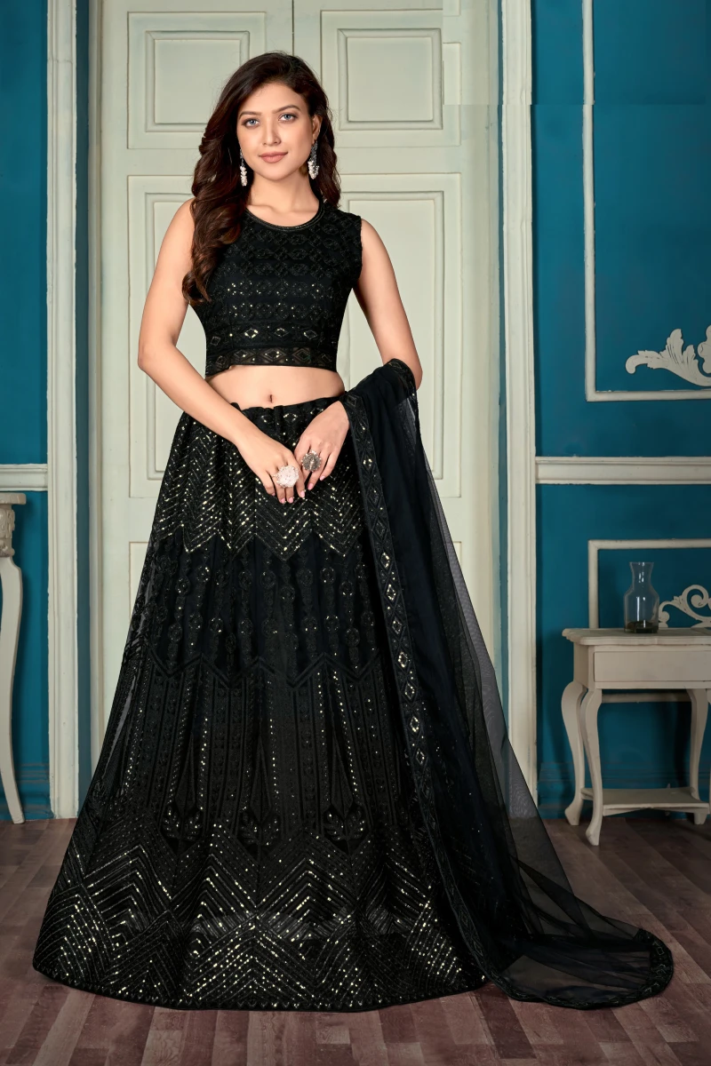 Black Net Lehenga Set with Embroidery & Sequins Work