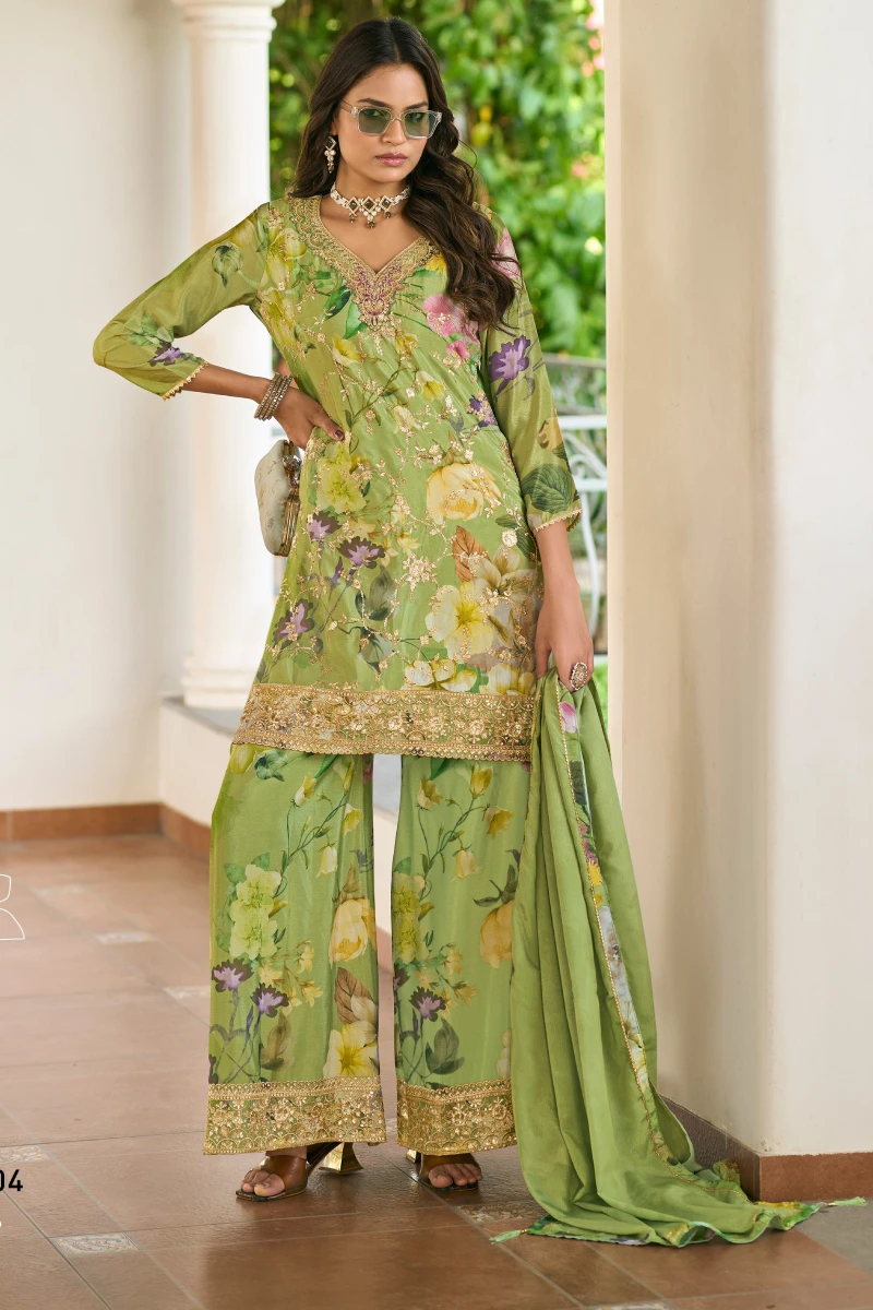 Green Chinon Palazzo Suit with Elegant Detailing