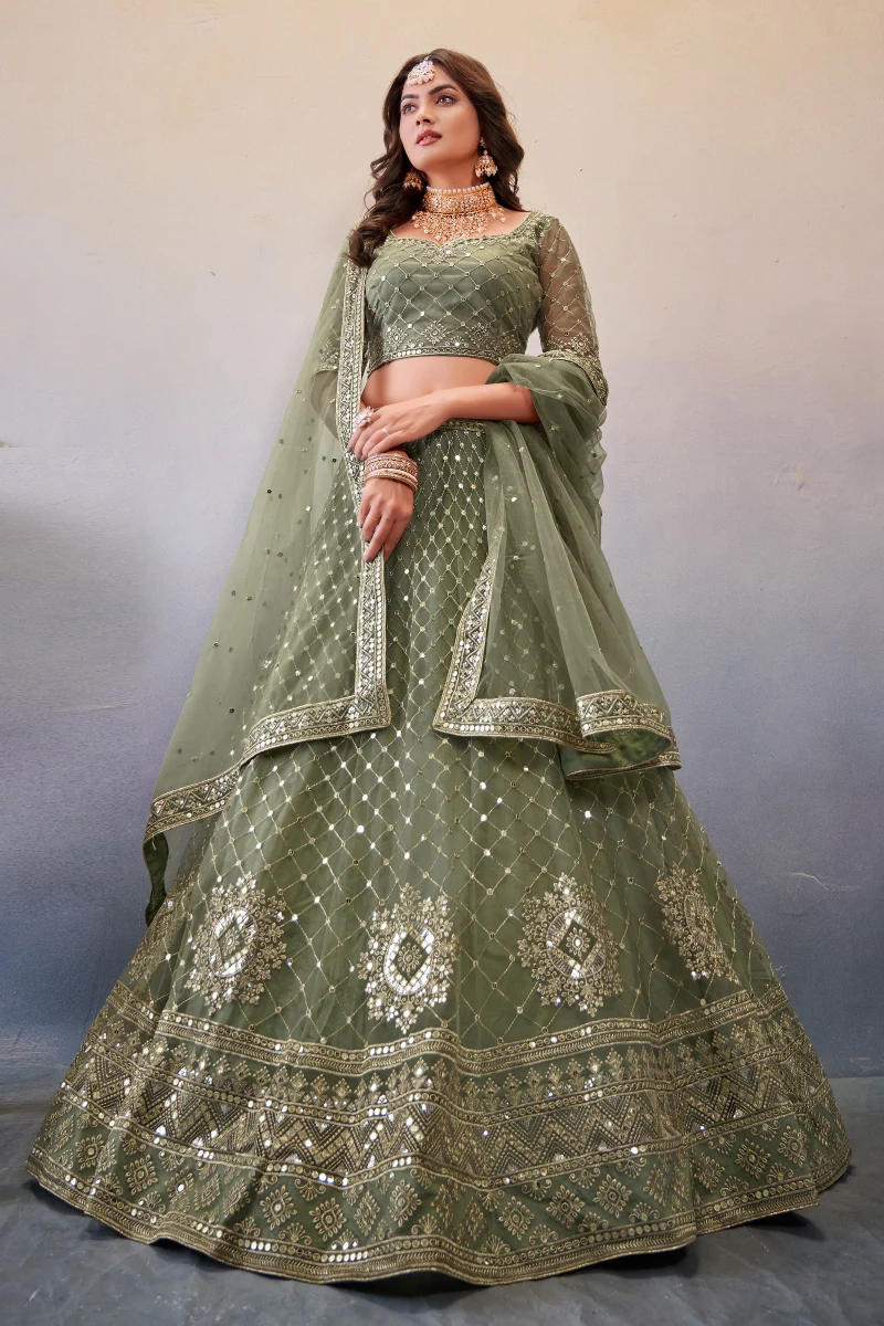 Olive Green Net Lehenga Set with Embroidery & Sequins Work