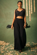 Black Chinnon Palazzo Suit with Embroidered Organza Jacket