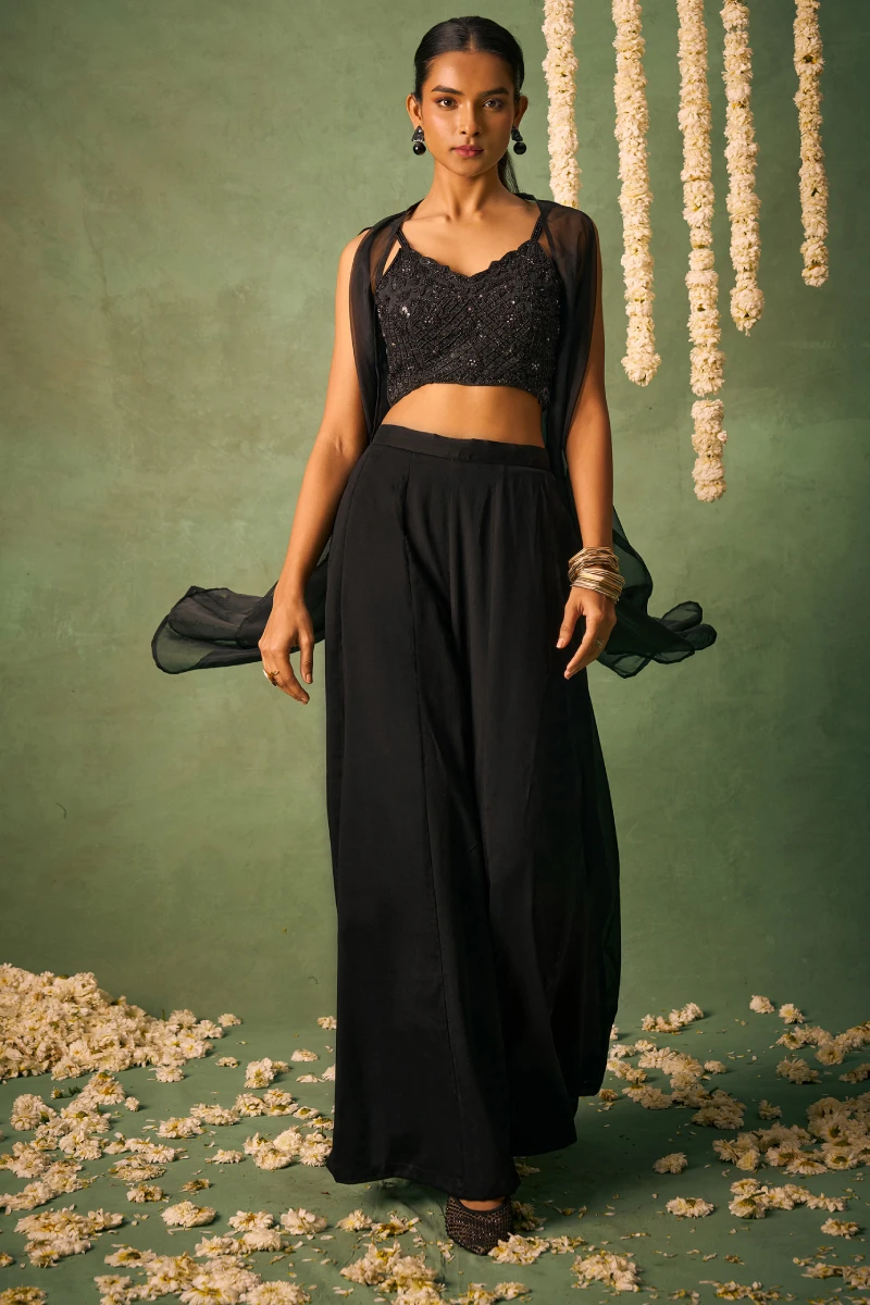 Black Chinnon Palazzo Suit with Embroidered Organza Jacket