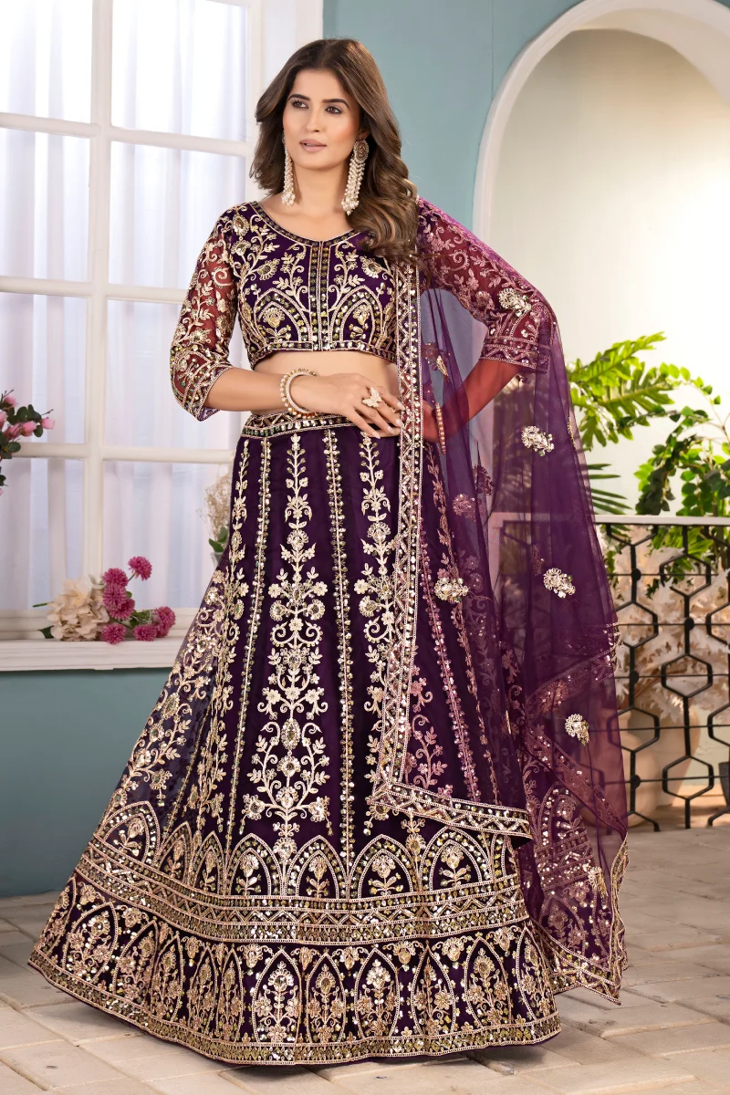 Purple Net Embroidered Sequins Lehenga Choli with Dupatta