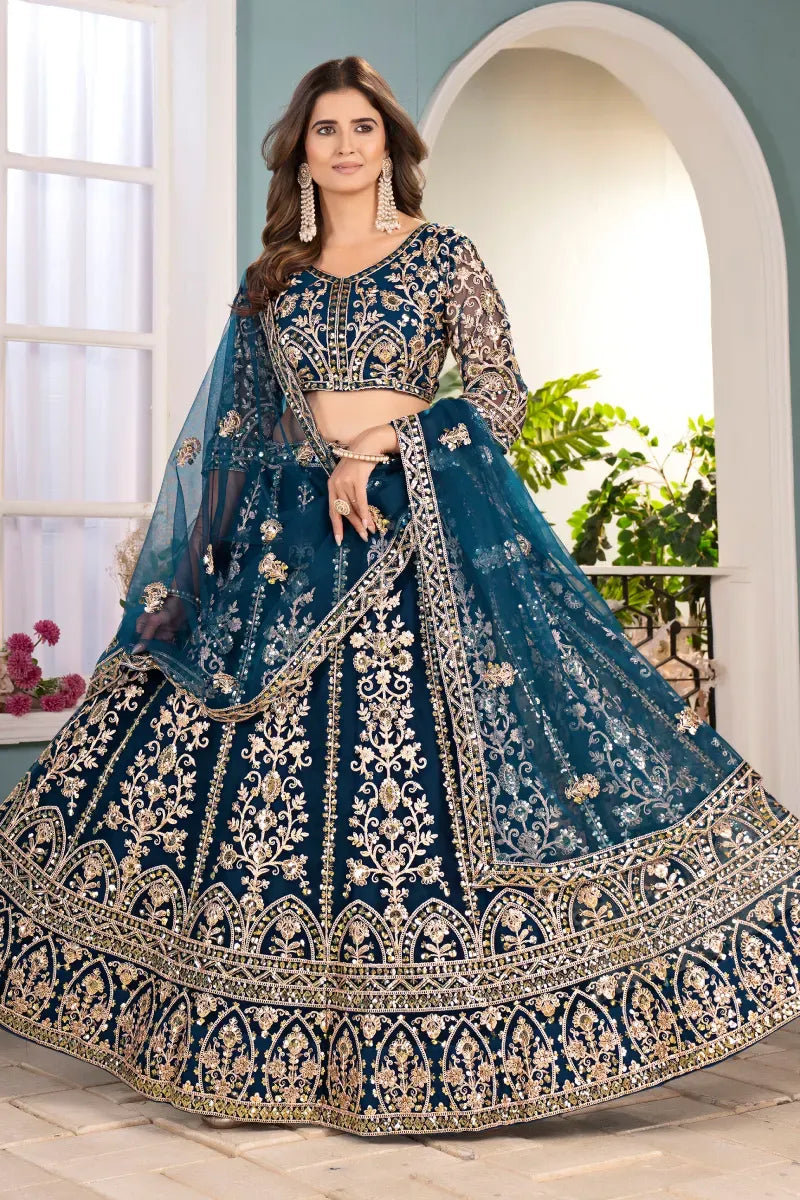Teal Blue Net Embroidered Sequins Lehenga Choli with Dupatta