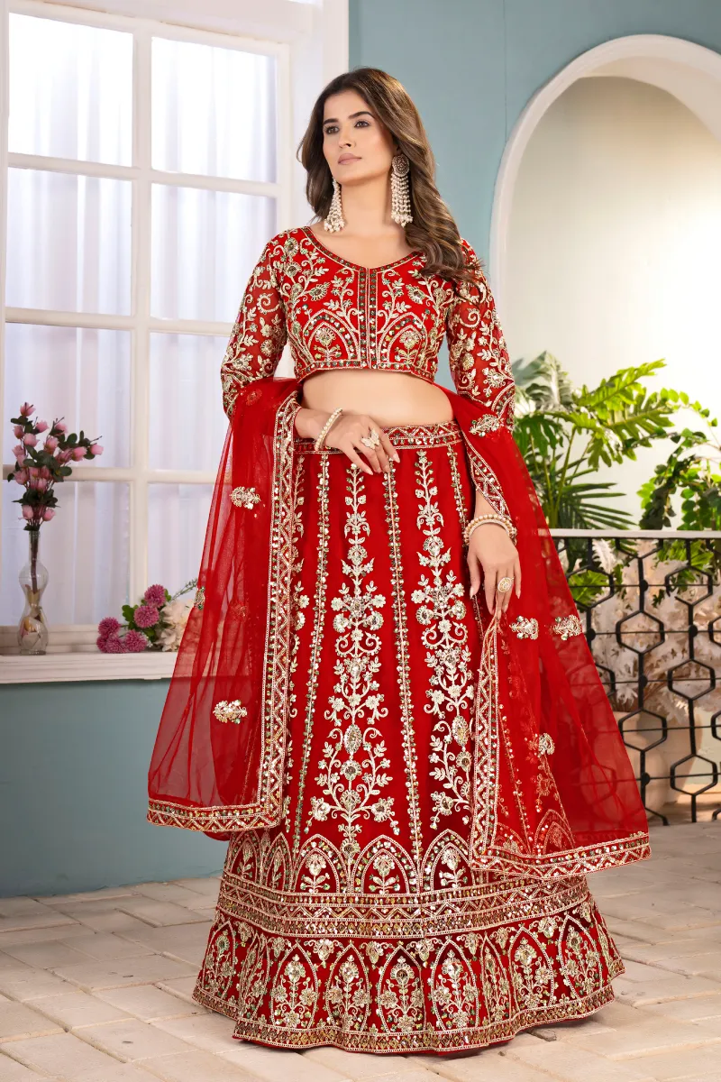 Red Net Embroidered Sequins Lehenga Choli with Dupatta
