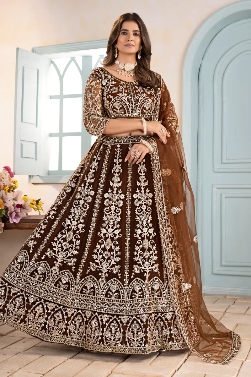 Brown Net Embroidered Sequins Lehenga Choli with Dupatta