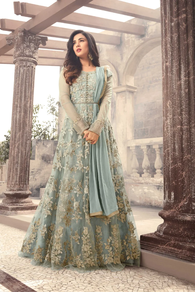 Grey Net Anarkali Suit with Zari & Diamond Work