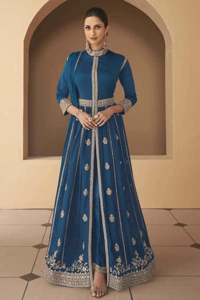 Blue Georgette and Chinon Salwar Suit with Premium Silk Bottom
