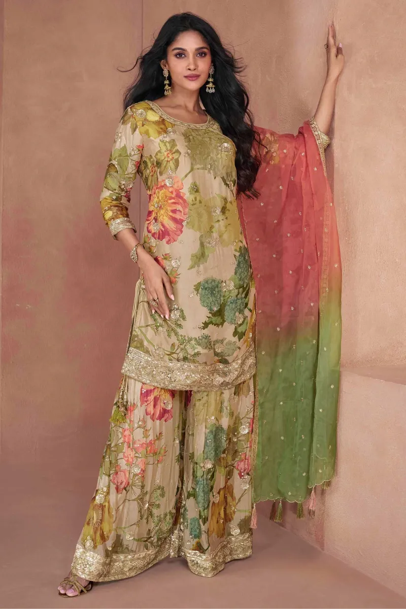 Beige Chinnon Silk Embroidered Palazzo Suit