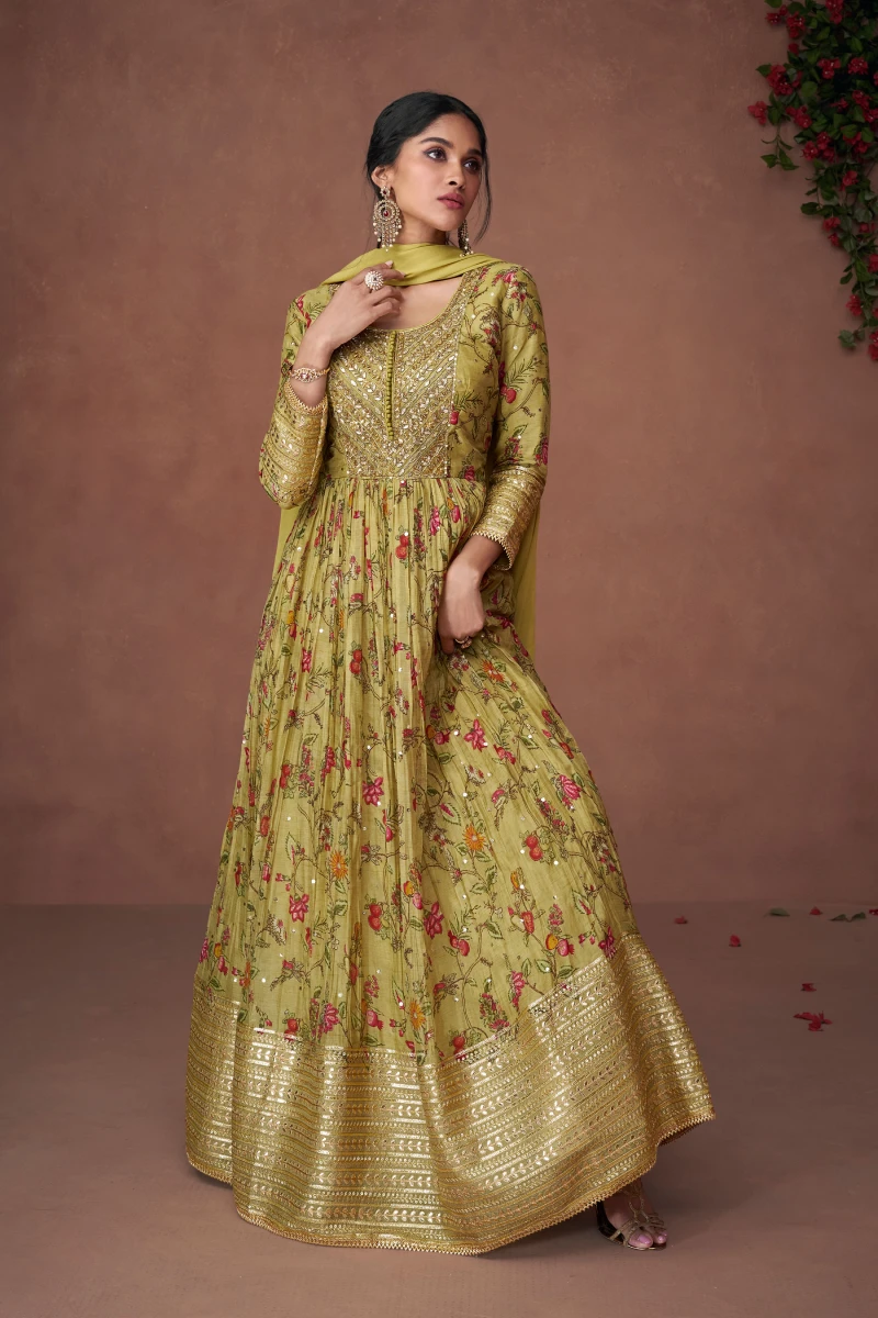 Green Organza Silk Embroidered Anarkali Suit