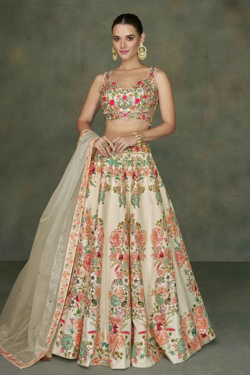 Cream Art Silk Lehenga Set with Embroidery & Print Work