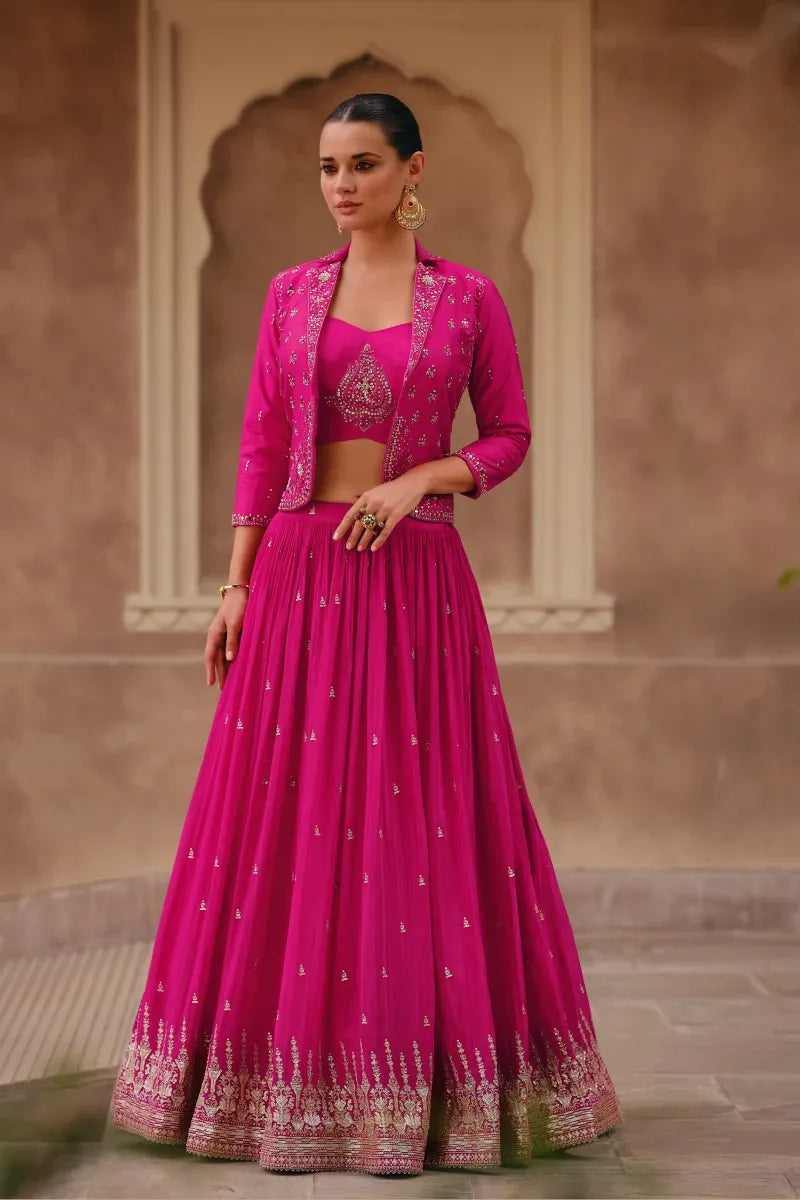 Pink Chinnon Silk Lehenga Set with Embroidered Work