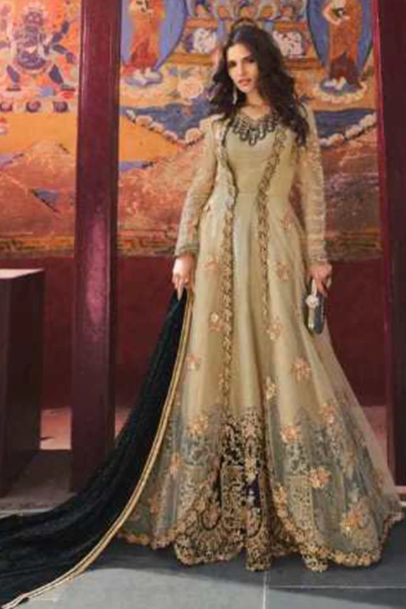 Beige & Black Silk Anarkali Suit with Net Jacket