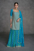 Blue & Green Embroidered & Sequins Georgette Palazzo Suit